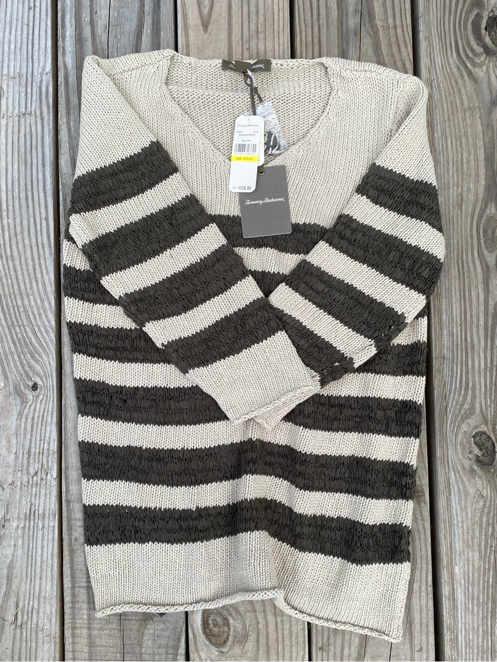 Tommy Bahama Women's Beige and Brown Stripe V-Neck Sweater